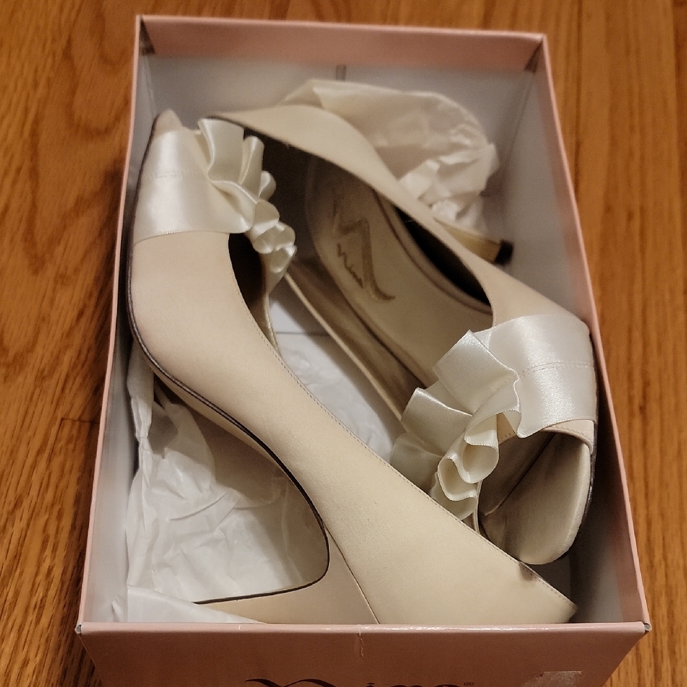 Nina Cream Satin Heels with Ruffle Detail